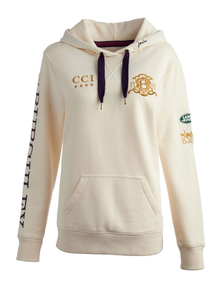 Cream pullover hoodie with front pocket and embroidered details