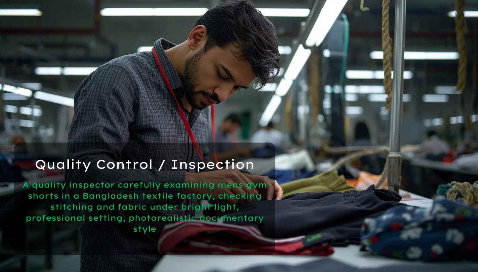 A quality inspector carefully examining mens gym shorts in a Bangladesh textile factory, checking stitching and fabric under bright light, professional setting, photorealistic documentary style