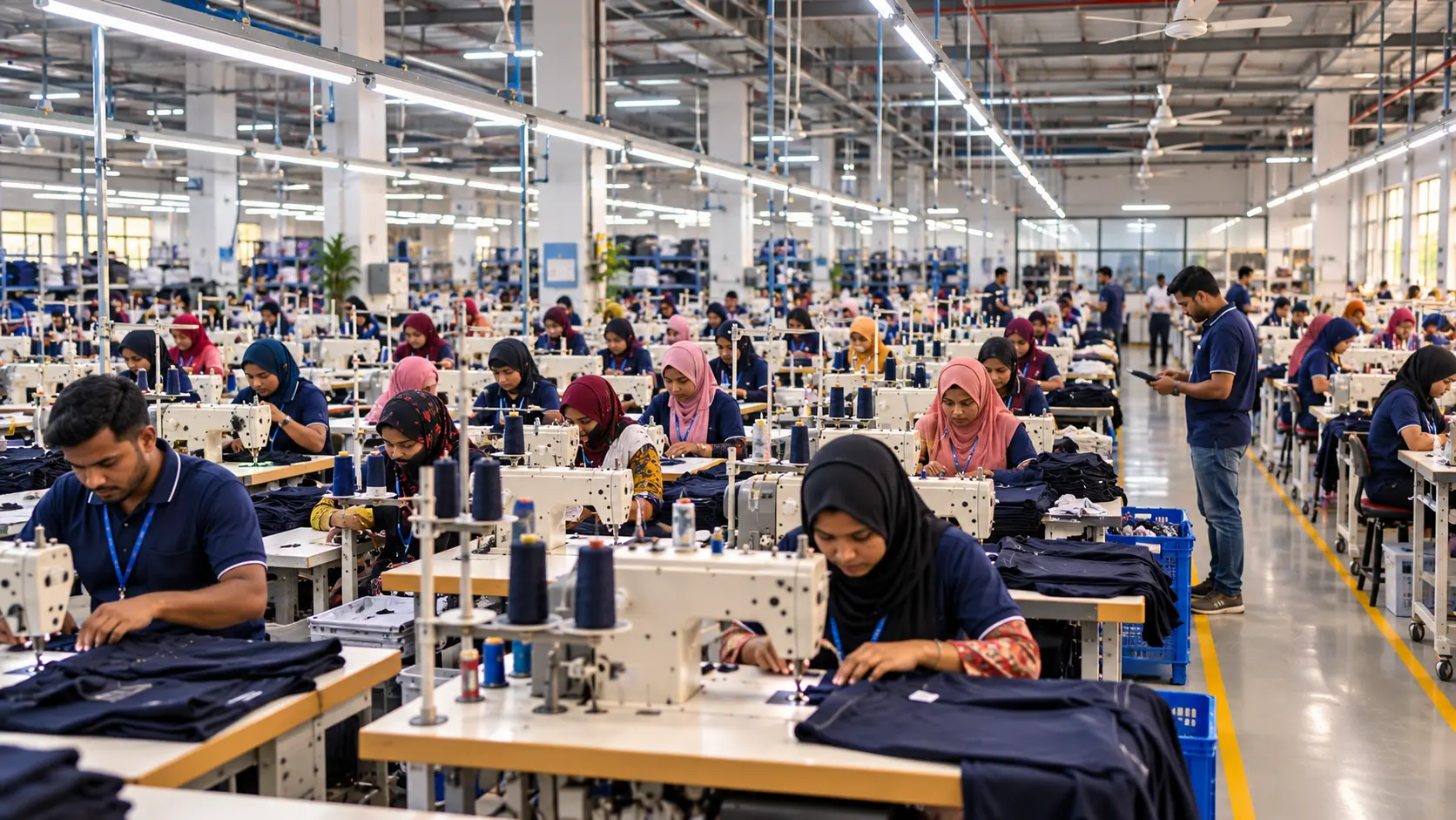 Workers preparing and pressing clothing in the garment finishing area